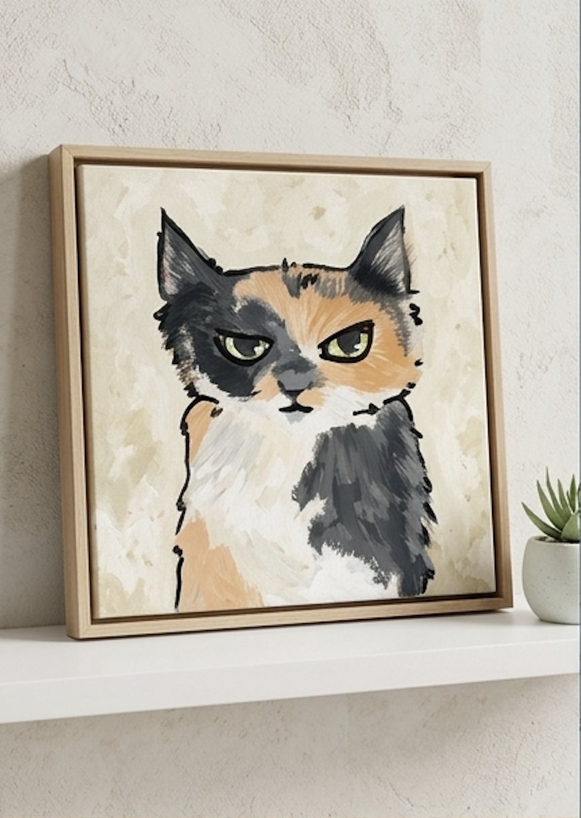 Framed acrylic portrait of a calico, mid side-eye