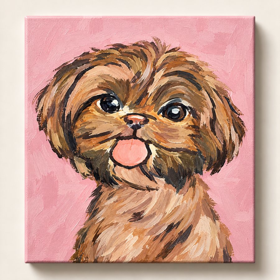 Acrylic portrait of a shaggy brown pup with its tongue out on a pink canvas